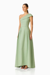 Saphine One Shoulder Gown in Sage Green with an asymmetric neckline side shot