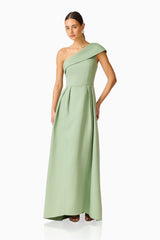 Saphine One Shoulder Gown in Sage Green fitted silhouette posed shot