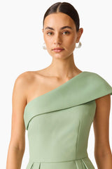 Saphine One Shoulder Gown in Sage Green with an asymmetric neckline close up shot