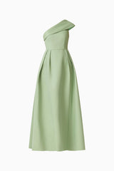 Saphine One Shoulder Gown in Sage Green with an asymmetric neckline ghost shot