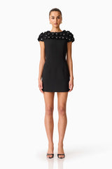 Brunette model wearing the Dali Floral Applique Mini Dress in Black Front Shot