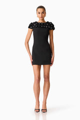 Brunette model wearing the Dali Floral Applique Mini Dress in Black Posed Shot
