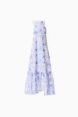 Brunette model wearing the Elin Halter Gown in Blue Floral ghost shot