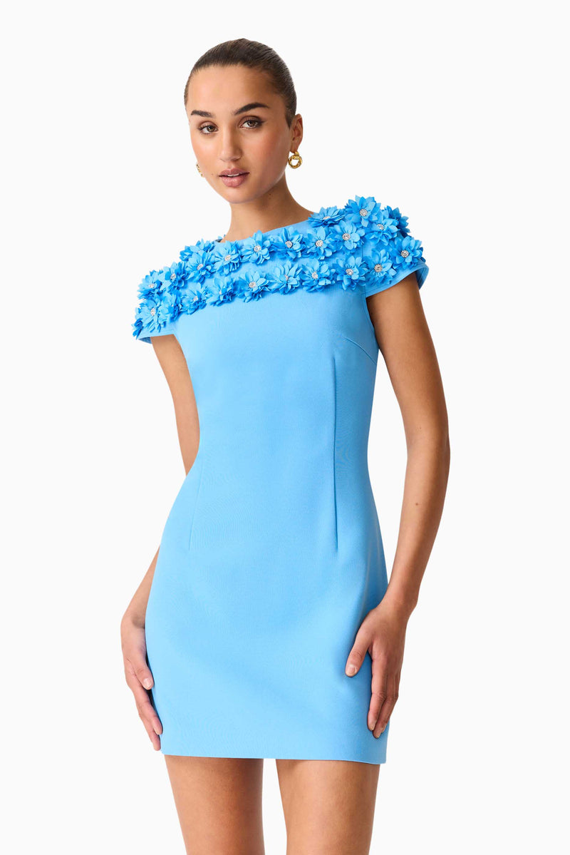 Dali Floral Applique Mini Dress in Blue | Blue Floral Detail Elliatt Dali Floral Applique Mini Dress in Blue | Blue Floral Detail Elliatt