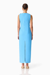 Brunette model wearing the Dali Floral Applique Gown in Blue Back Shot