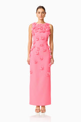 Dali Floral Applique Gown in Pink with floral appliques & sleeveless detailing front shot