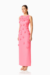 Dali Floral Applique Gown in Pink with floral appliques & sleeveless detailing side shot