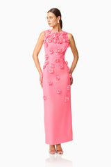 Dali Floral Applique Gown in Pink with floral appliques & sleeveless detailing posed shot
