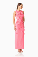 Dali Floral Applique Gown in Pink with floral appliques & sleeveless detailing side posed shot