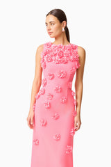 Dali Floral Applique Gown in Pink with floral appliques & sleeveless detailing close up looking away shot