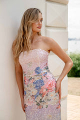 Blonde model wearing the Lurea Strapless Midi Dress in Pink Floral content shot