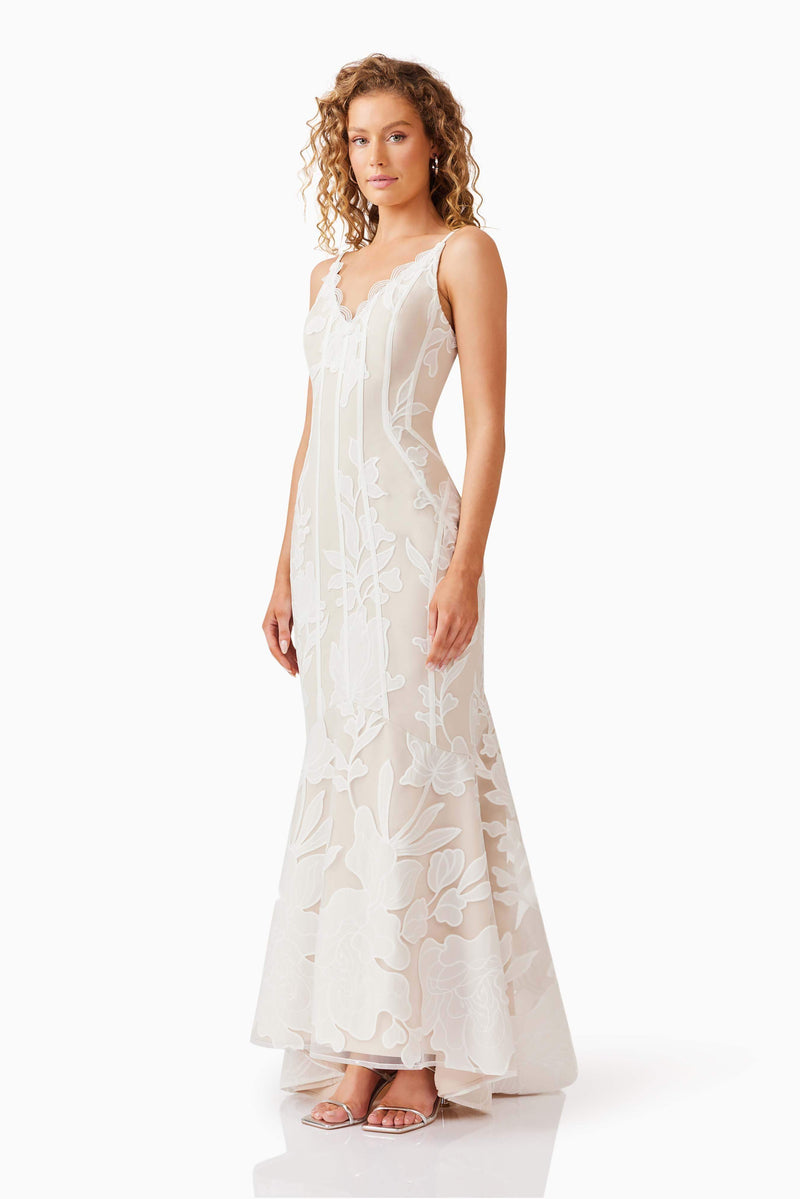 Blonde model wearing Florian Lace Gown in White side shot