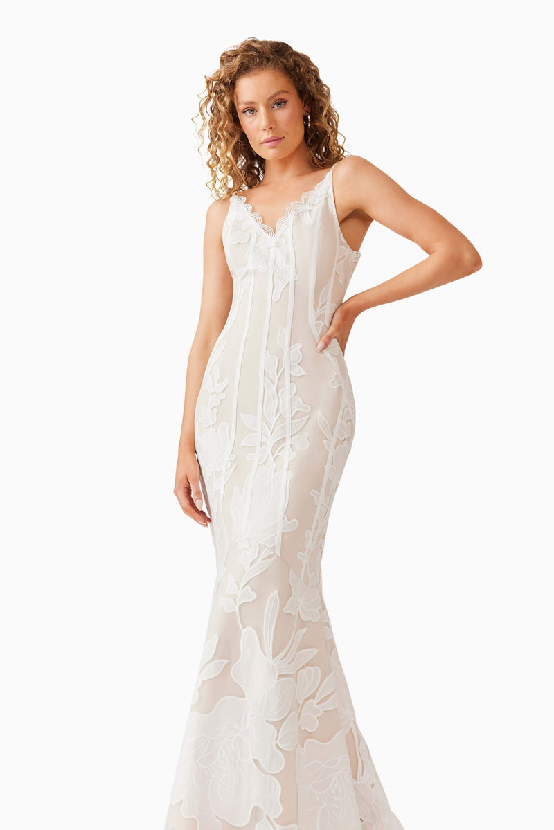 Blonde model wearing Florian Lace Gown in White posed shot
