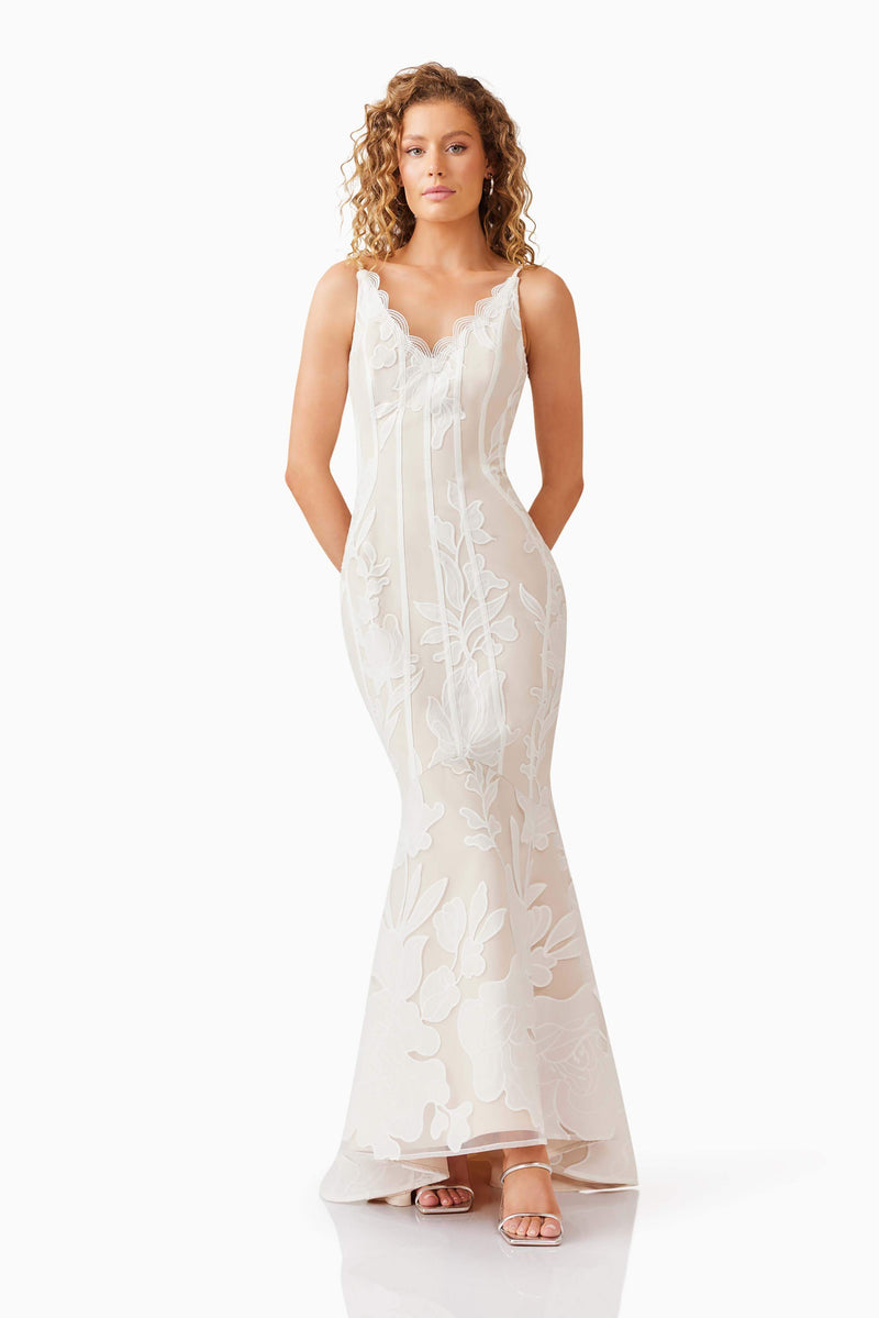 Blonde model wearing Florian Lace Gown in White front shot