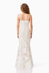 Blonde model wearing Florian Lace Gown in White back shot