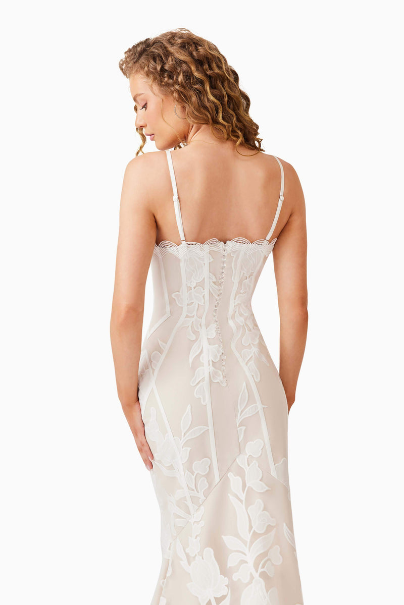 Blonde model wearing Florian Lace Gown in White detail shot