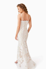 Blonde model wearing Florian Lace Gown in White close up shot