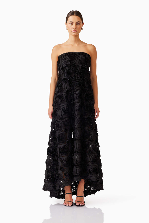 Brunette model wearing Selena Strapless Maxi Dress in Black front shot