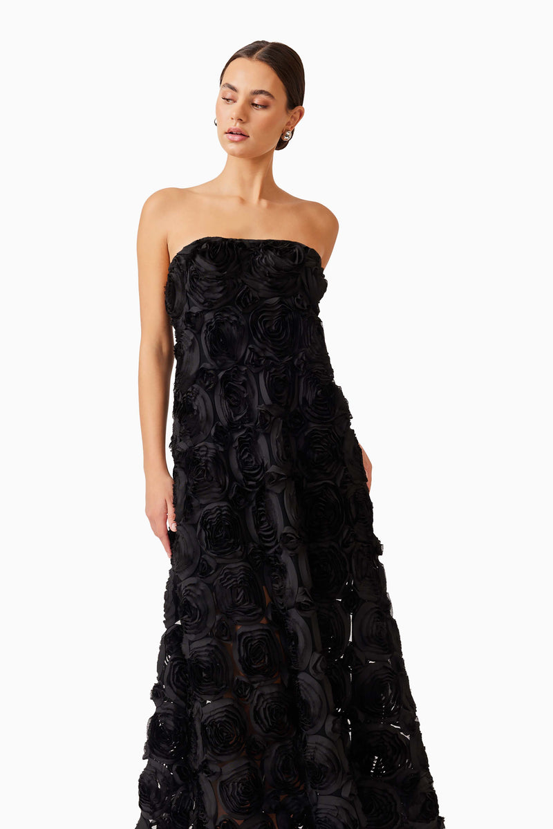 Brunette model wearing Selena Strapless Maxi Dress in Black close up shot