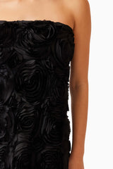 Brunette model wearing Selena Strapless Maxi Dress in Black detail shot