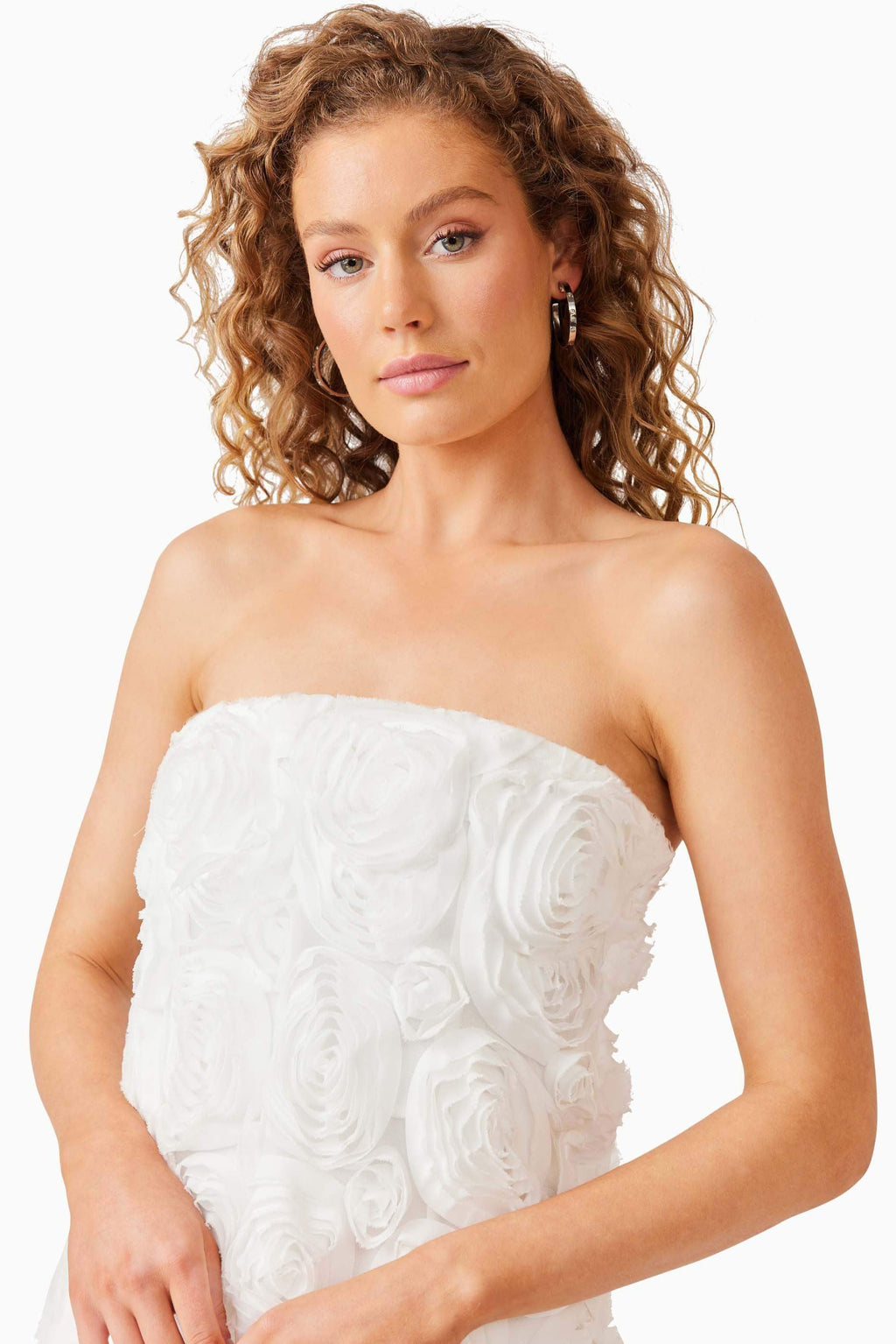 selena ivory satin ruffle strapless dress Selena Strapless Maxi Dress in White