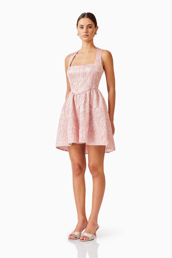 Brunette model wearing Joesphine Corset Mini Dress in Pink side shot