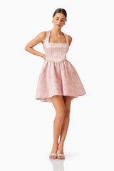 Brunette model wearing Joesphine Corset Mini Dress in Pink posed shot