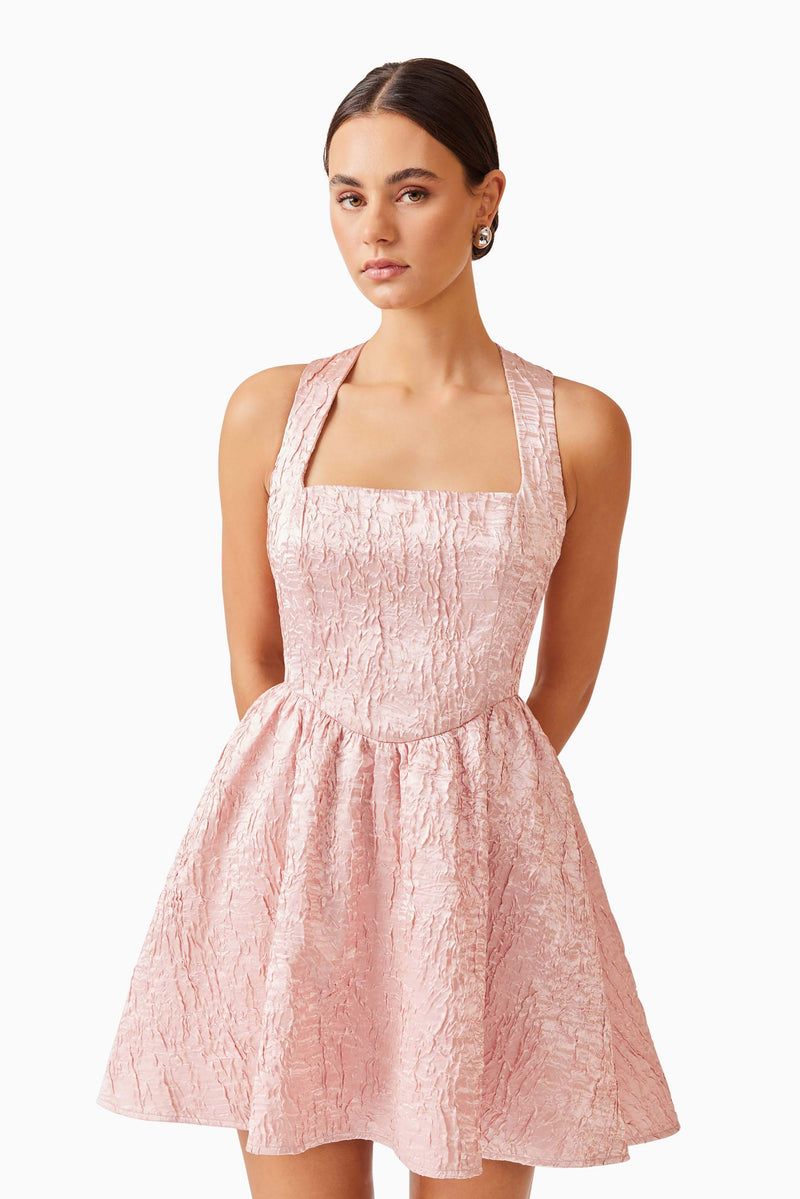 Brunette model wearing Joesphine Corset Mini Dress in Pink back shot