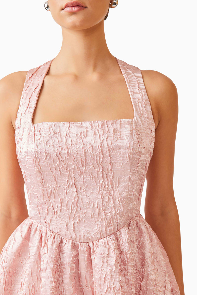 Brunette model wearing Joesphine Corset Mini Dress in Pink detail shot