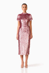 Brunette model wearing the Alissa Sequin Midi Dress in Pink front shot 