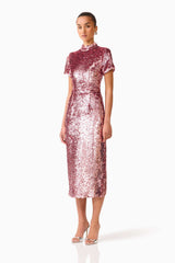 Brunette model wearing the Alissa Sequin Midi Dress in Pink side shot 