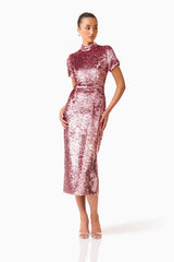 Brunette model wearing the Alissa Sequin Midi Dress in Pink posed shot 