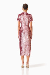 Brunette model wearing the Alissa Sequin Midi Dress in Pink back shot 
