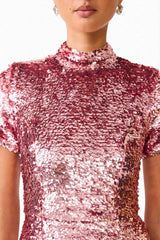 Brunette model wearing the Alissa Sequin Midi Dress in Pink detail shot 