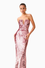 Brunette model wearing the Alissa Sequin Strapless Gown in Pink close up shot 