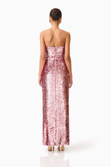 Brunette model wearing the Alissa Sequin Strapless Gown in Pink back shot 