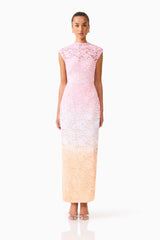 Brunette model wearing the Lumira Sequin Lace Gown in Pink Ombre front shot 