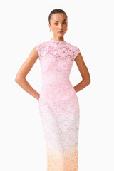 Brunette model wearing the Lumira Sequin Lace Gown in Pink Ombre close up shot 