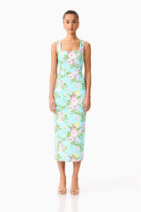 Brunette model wearing the Emmeline Sequin Midi Dress in Mint Green front shot 