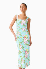 Brunette model wearing the Emmeline Sequin Midi Dress in Mint Green close up side shot 