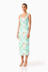 Brunette model wearing the Emmeline Sequin Midi Dress in Mint Green side shot 