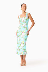 Brunette model wearing the Emmeline Sequin Midi Dress in Mint Green posed front shot 
