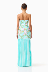 Brunette model wearing the Emmeline Sequin Gown in Mint Green back shot 