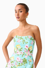 Brunette model wearing the Emmeline Sequin Gown in Mint Green close up shot 