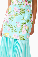 Brunette model wearing the Emmeline Sequin Gown in Mint Green detail shot 