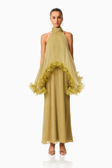 Poppy Cape Gown in Olivie Green with a halter neckline & floral trim detailing front shot