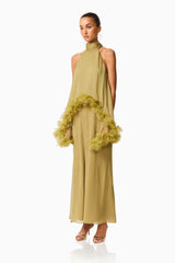 Poppy Cape Gown in Olivie Green with a halter neckline & floral trim detailing side shot