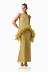 Poppy Cape Gown in Olivie Green with a halter neckline & floral trim detailing posed shot
