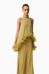 Poppy Cape Gown in Olivie Green with a halter neckline & floral trim detailing close up posed shot
