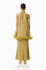 Poppy Cape Gown in Olivie Green with a keyhole back & floral trim detailing back shot